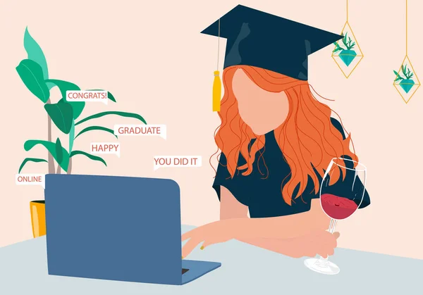 Girl Alone Celebrates Her Graduation Home Woman Glass Wine Communicates — Stock Vector