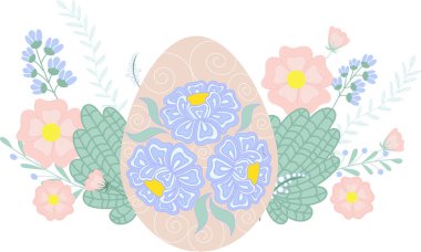 Paskalya için şirin ve basit bir tebrik kartı. Davetiye şablonu. Mutlu Paskalyalar! Narin çiçekler ve yumurta.