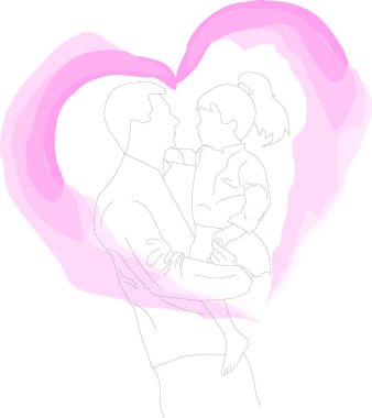 Çizgi çizimi vektör illüstrasyonu. Baba ve kızı ellerinde. Babalar günü tebrik kartı..