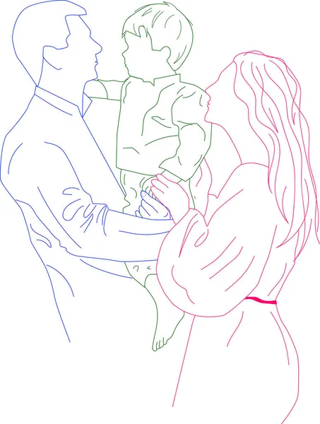 Mutlu aile çizgileri çizimi, elde çizilmiş baba, anne ve oğul. Aile zamanındaki özen ve birlikteliğin portresi. Uluslararası Aileler Günü için tebrik kartı.