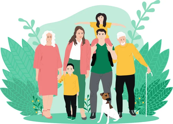 Gelukkige Grote Familie Staan Samen Vlakke Vector Illustratie Grootmoeder Grootvader — Stockvector