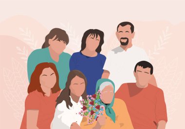 Çağdaş aile fotoğrafı. Ebeveynleri, yetişkin çocukları ve büyükannesi olan büyük bir aile. Vektör tebrik kartı.