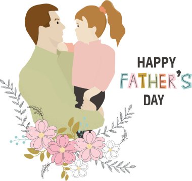 Babalar günün kutlu olsun. Vektör düz tasarım çizimi. Bir adam küçük kızını kollarında tutuyor. Aile tatilleri ve birliktelik.