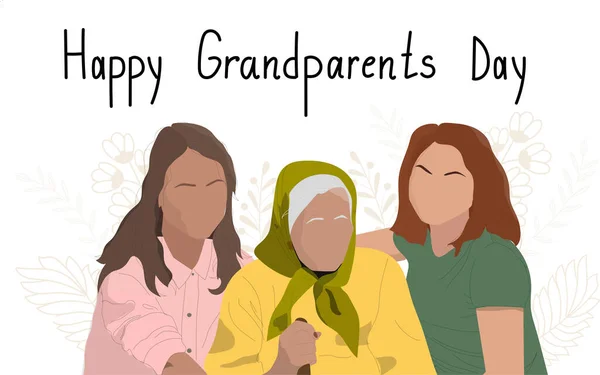 Dziadkowie Dzień Szablon Kartki Okolicznościowej Starą Babcią Wnukami Wnuczki Obejmujące — Wektor stockowy