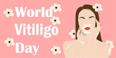 Vitiligo 'su olan güzel kadın. Pembe arka planda sevimli bir kızın çağdaş portresi. Düz vektör illüstrasyonu.