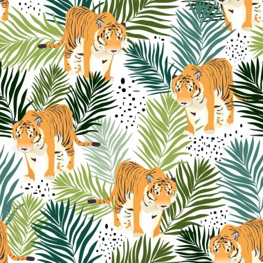 Beyaz arka planda kaplan ve palmiye yaprakları olan kusursuz bir desen. Moda tarzı..