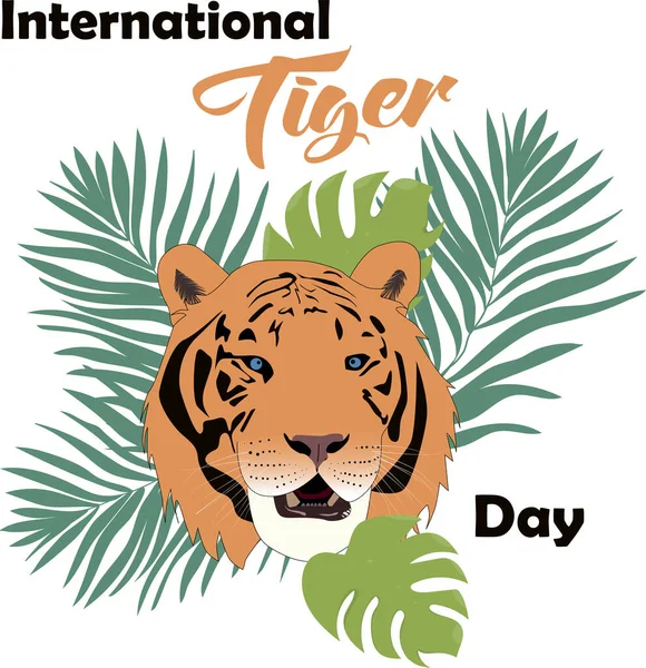 Hari Harimau Internasional Kartu Ucapan Dengan Kepala Harimau Dan Daun - Stok Vektor