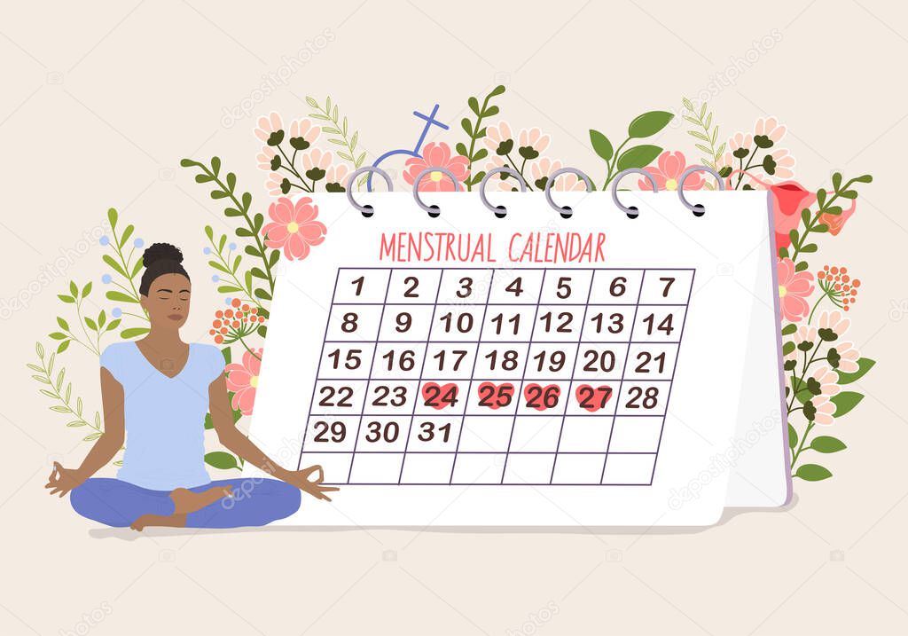 Woman critical days, gynecological menstruation cycle period. Menstrual calendar with flowers AND WOMAN.