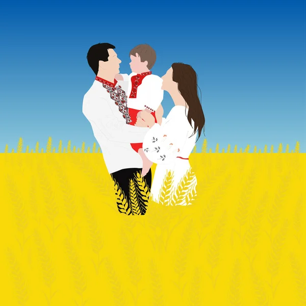 Happy Smiling Ukrainian Family Vyshyvanka Embroidered Shirts Wheat Field Ukraine — Stockový vektor