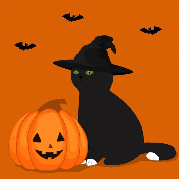 Vektor Illusztráció Fekete Macska Boszorkánykalapban Tökkel Rajzfilm Firka Halloween Poszter — Stock Vector