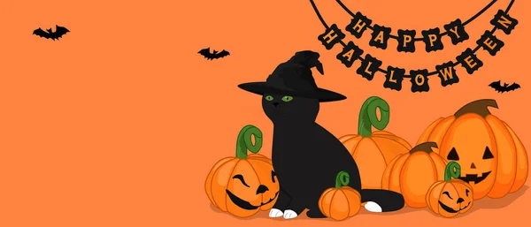 ハッピーハロウィーンのバナーやパーティーの招待状黒猫とカボチャの背景 ベクトルイラスト テキストの場所 — ストックベクタ