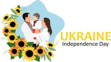 Ulusal embriyo gömlekli oğlu olan Ukraynalı bir aile. Bağımsızlık Günü afişi ayçiçekleriyle süslenmiş. Düz vektör illüstrasyonu