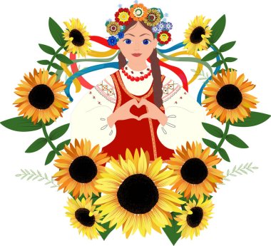 Girl wearing national costume with hands folded in the form of a heart. Ukrainian girl in traditional clothes with sunflowers on the white background. Vector illustration.   clipart