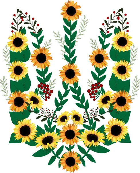 Oekraïense Drietand Van Bloemen Wapen Met Zonnebloemen Witte Achtergrond Vectorillustratie — Stockvector