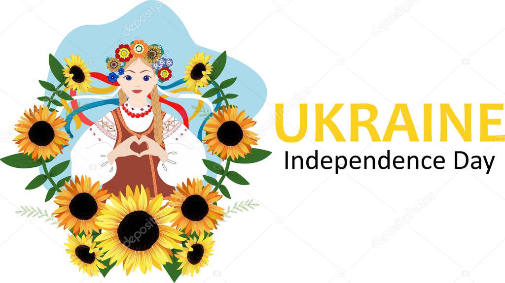 Ukraine's Independence Day. Ukrainian woman in the traditional clothes with sunflowers. Vector illustration
