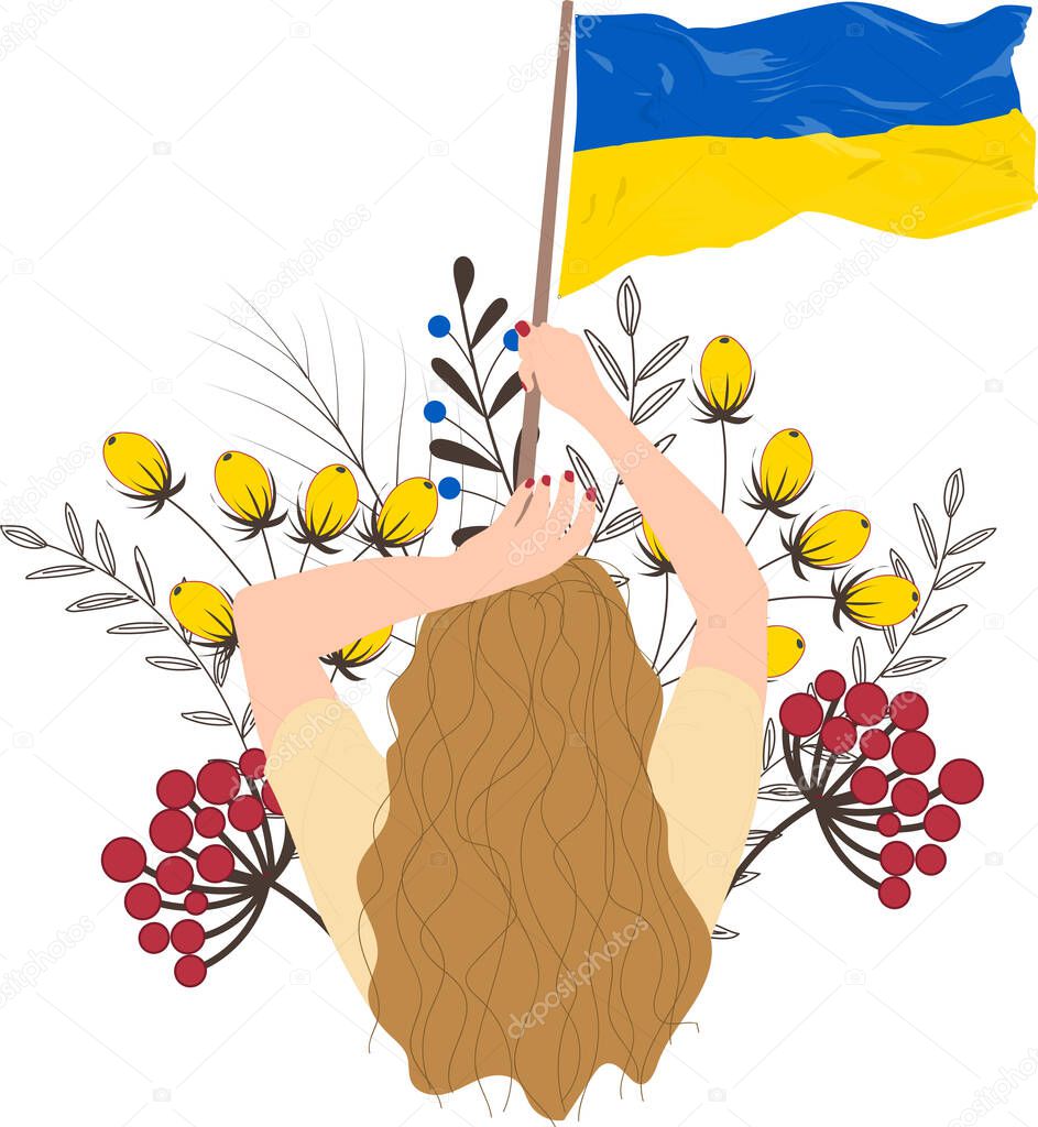 Ukrainian woman with a flag in her hands. For independence day or fg day of Ukraine. Vector illustration