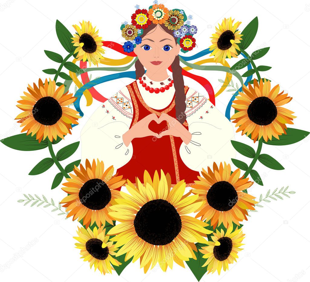 Girl wearing national costume with hands folded in the form of a heart. Ukrainian girl in traditional clothes with sunflowers on the white background. Vector illustration.  