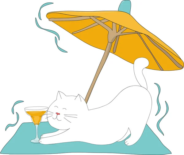 Gato Branco Bebe Cocktail Praia Conceito Férias Ilustração Vetorial Plana — Vetor de Stock