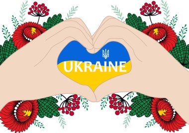 Elleriyle pankart, çiçeklerle kalp işareti yapıyor. Ukrayna ulusal tatil şablonu tasarımı. 