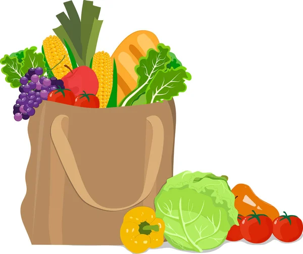 Taze sebze ve ekmekle alışveriş torbası. Sıfır israf. Plastik poşet konsepti yok. Vektör illüstrasyonu.