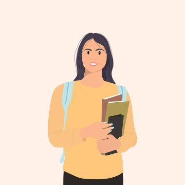 Sarı kazak giyen güzel, genç ve zeki bir kadın öğrencinin portresi. Vektör illüstrasyonu