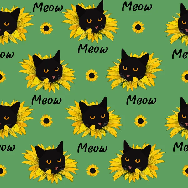 Bright seamless pattern with cat and sunflower. Vector illustration