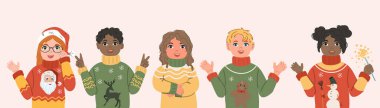 Portrait of Happy diverse kids in Ugly sweaters. Children wearing different Christmas outfits. Horizontal vector illustration