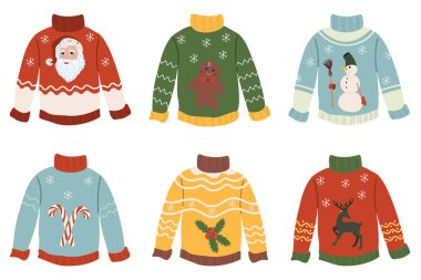 Çirkin kazak koleksiyonu. Noel sevimli vektör illüstrasyonu