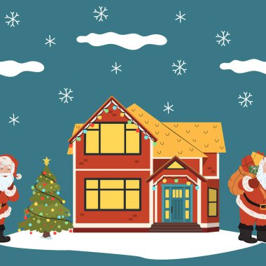 Noel Baba 'nın Noel Baba' sı ile süslenmiş, kusursuz desenli bir ev. Kumaş yazdırma ve paketleme için ideal