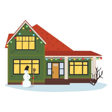 Madalyalı yeşil ev vektör çizimi. Bir kardan adamla Noel evi. Tebrik kartı posteri. Vektör illüstrasyonu.