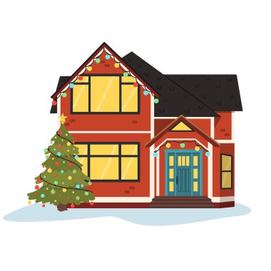 Noel kırmızı ev vektör illüstrasyonu. Noel ağacı olan dekore edilmiş bir ev. Tebrik kartı posteri. Vektör illüstrasyonu.