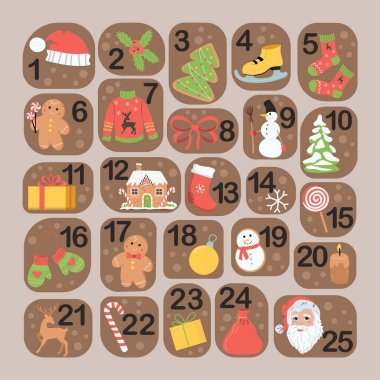 El çizimi elementlerle dolu Aralık ayı takvimi. Tatil illüstrasyonuna Noel posteri