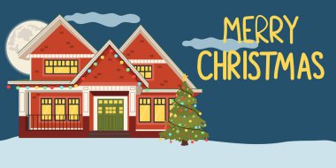 Noel süslemeli evle gece manzarası. Evde mutlu Noeller. Çizgi film vektör illüstrasyonu.