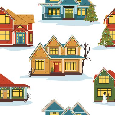 Yeni yıl ve Noel için dekore edilmiş binaların kusursuz desenleri. Bahçesinde kardan adam ve köknar ağacı olan bir bina. Xmas ışıkları olan bir inşaat cephesi. Beyaz Arkaplanda Vektör Resimleri