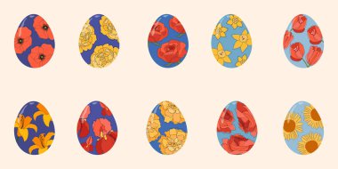 Çiçek desenli şirin Paskalya yumurtaları. Paskalya sembolü, dekoratif vektör ögeleri koleksiyonu.