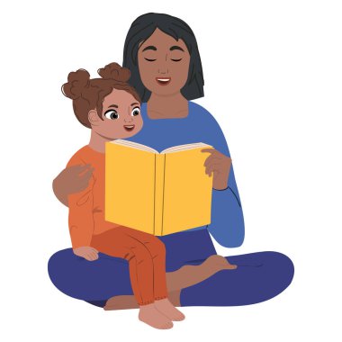 Küçük kızına kitap okuyan bir annenin vektör çizimi. Anneler günü kartları, bahar temaları ve içten tasarımlar için mükemmel..