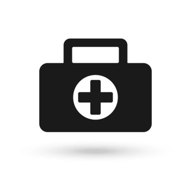 İlk yardım seti siyah simgesi düz stil. Beyaz yalıtılmış arka planda sağlık, yardım ve tıbbi teşhis vektör çizimi. Siyah Doktor çanta konsepti.