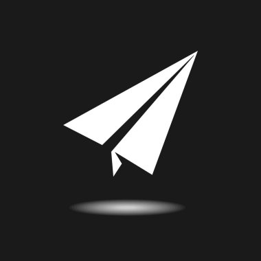 Beyaz kağıt uçak ikonu, düz tasarım. Siyah arkaplanda izole