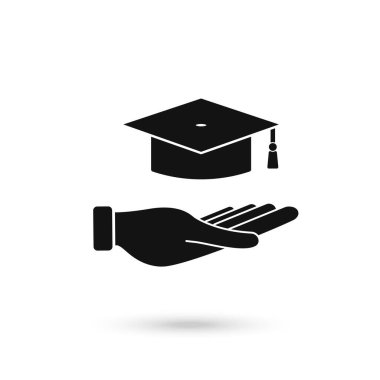 Erişilebilir ya da ücretsiz eğitim ikonu. Mezuniyet şapkası için elini aç. Diploma almak. Contour sembolü.