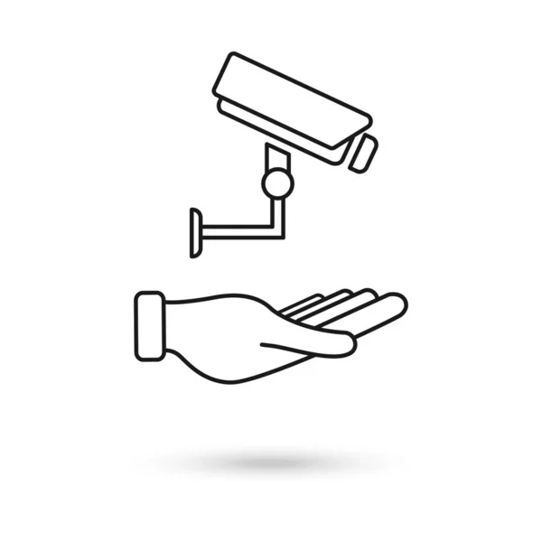 手を保持Cctv セキュリティデジタルカメラ 保護細い線のアイコン ベクターイラスト — ストックベクタ