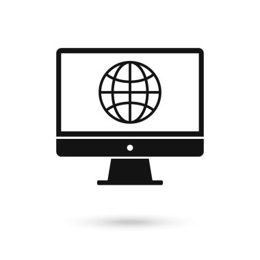 Küre ve monitör işareti, beyaz arka planda izole edilmiş. Vektör İllüstrasyonu, düz tasarım