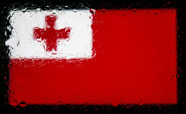 Wassertropfen Auf Dem Hintergrund Der Tonga Flagge Geringe Schärfentiefe Selektiver — Stockfoto