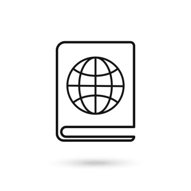 Coğrafya kitabı ikonu. Mobil konsept ve web tasarımı için doğrusal biçim işareti. Dünya küresi ana hatları vektör ikonu olan bir kitap. Sembol, logo çizimi. Vektör grafikleri. Düz tasarım