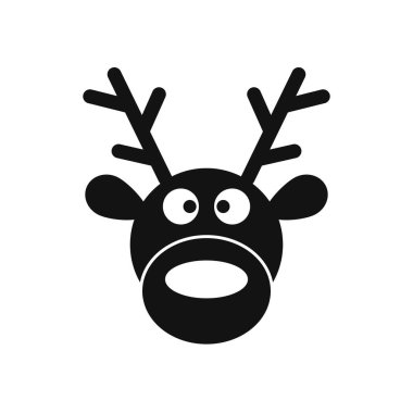 Geyik kafası. Ren geyiği kafası beyaz arka planda izole edilmiş, siyah vektör çizimi. Noel Tasarımı