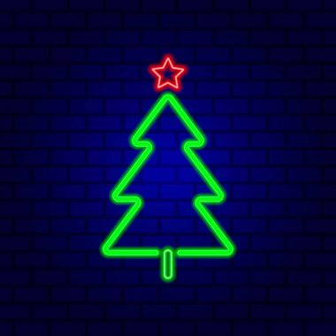 Neon, arkasında gölgesi olan mavi tuğla duvarlı bir yıldız olan Noel ağacını biçimlendirdi..