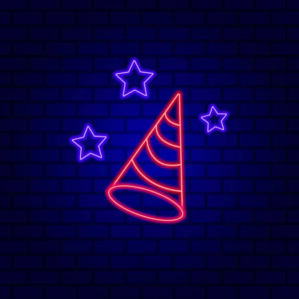 Party Hat Neon Pictogram Geïsoleerd Baksteen Muur Achtergrond Vector Illustratie — Stockvector