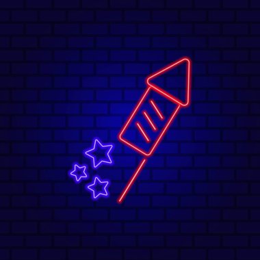 Havai fişek roketi. Gece parlak neon ışığı, renkli reklam panosu, tuğla duvar arkasında izole edilmiş bir ikon. Vektör İllüstrasyonu