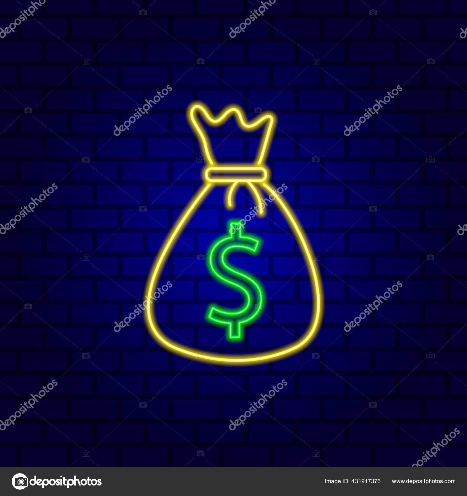 Neon Money Bag Dollar Sign Isolated Brick Wall Background Stock Vector by majborodinruslan1990.icloud 431917376