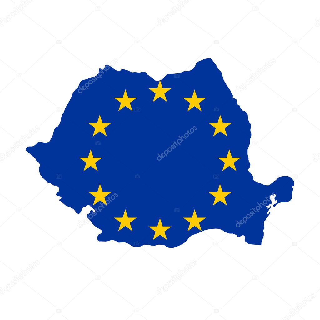 Map of Romania with European Union flag isolated on white background.
