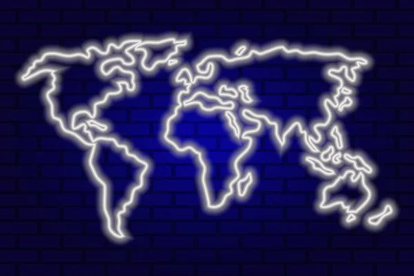 レンガの壁の背景にネオン白の世界地図を光る — ストックベクタ